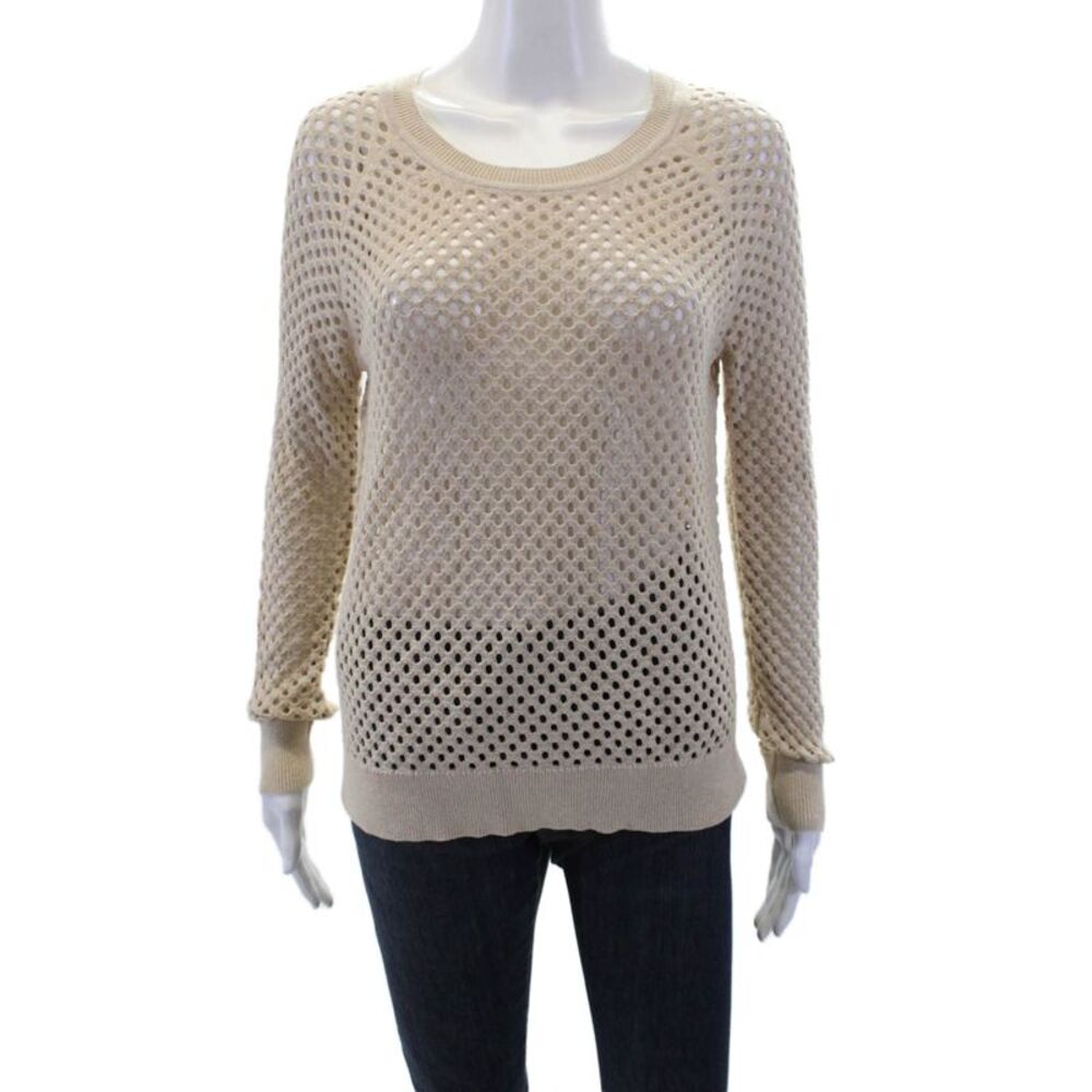 One Grey Day Womens Open Knit Crew Neck Long Sleeve Sweater Top Light Brown Sz S